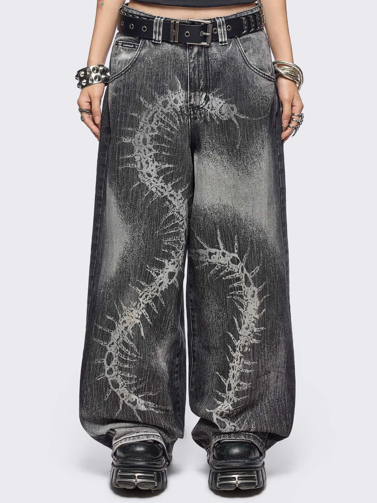 Grey washed baggy jeans with centipede graphic front print.