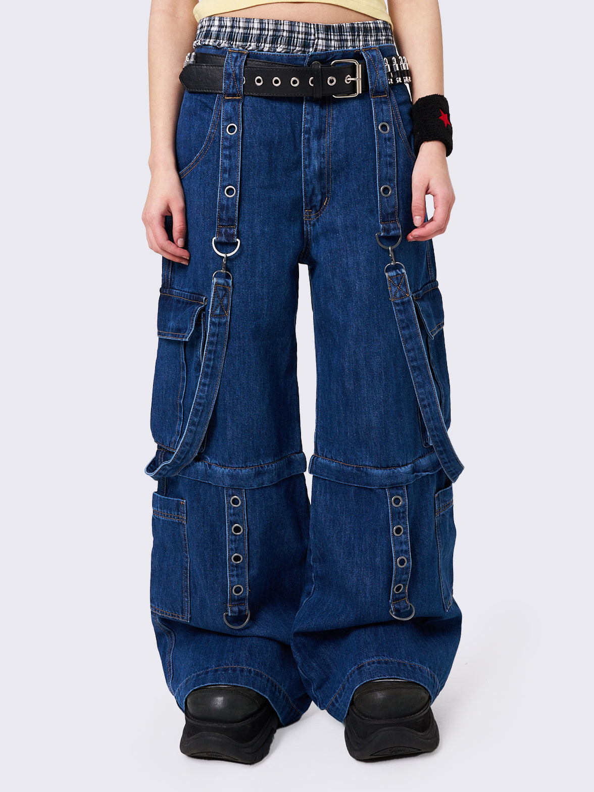 Multi Pocket Wide Leg Cargo Jeans in Blue with Straps and Detachable Legs