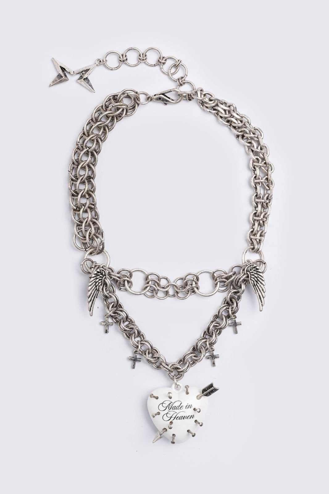 Two-layered silver chain necklace with a gothic aesthetic.