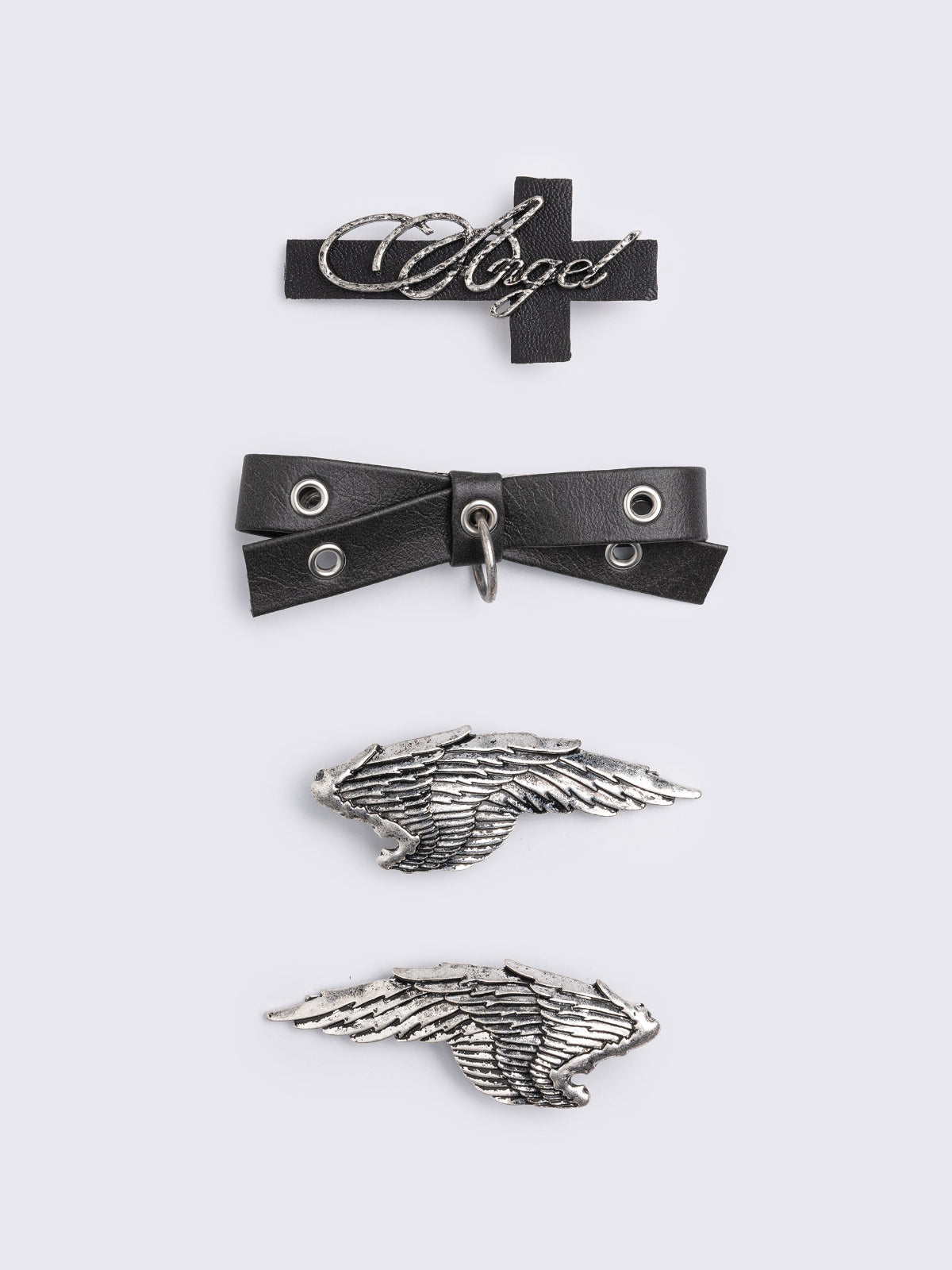 Set of 4 hair clips: Wings, eyelet bow and angel cross