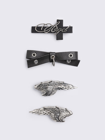 Set of 4 hair clips: Wings, eyelet bow and angel cross
