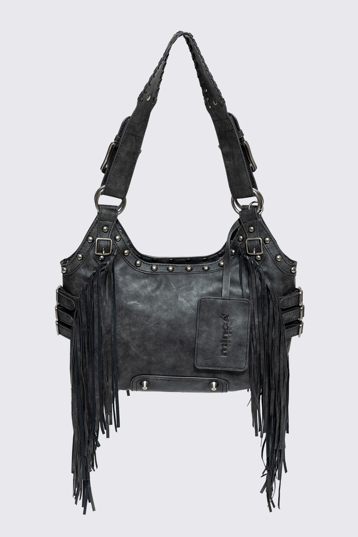 minga london bag opium y2k V系 archive Black Faux Leather Fringe Shoulder Bag | Minga London
