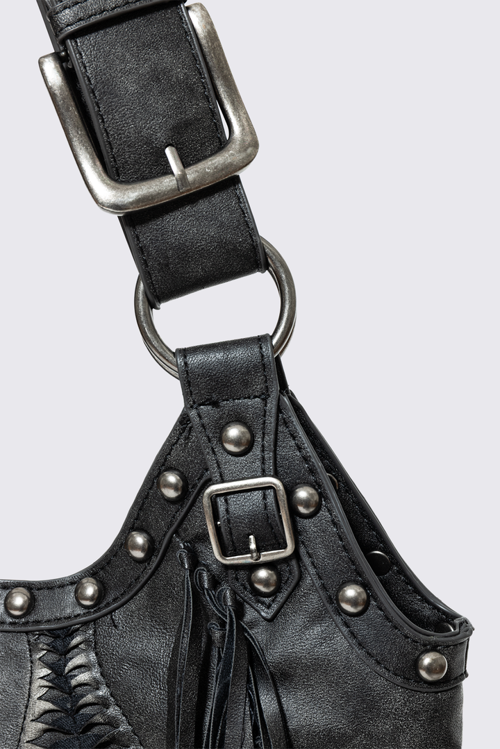 Black Faux Leather Fringe Shoulder Bag | Minga London