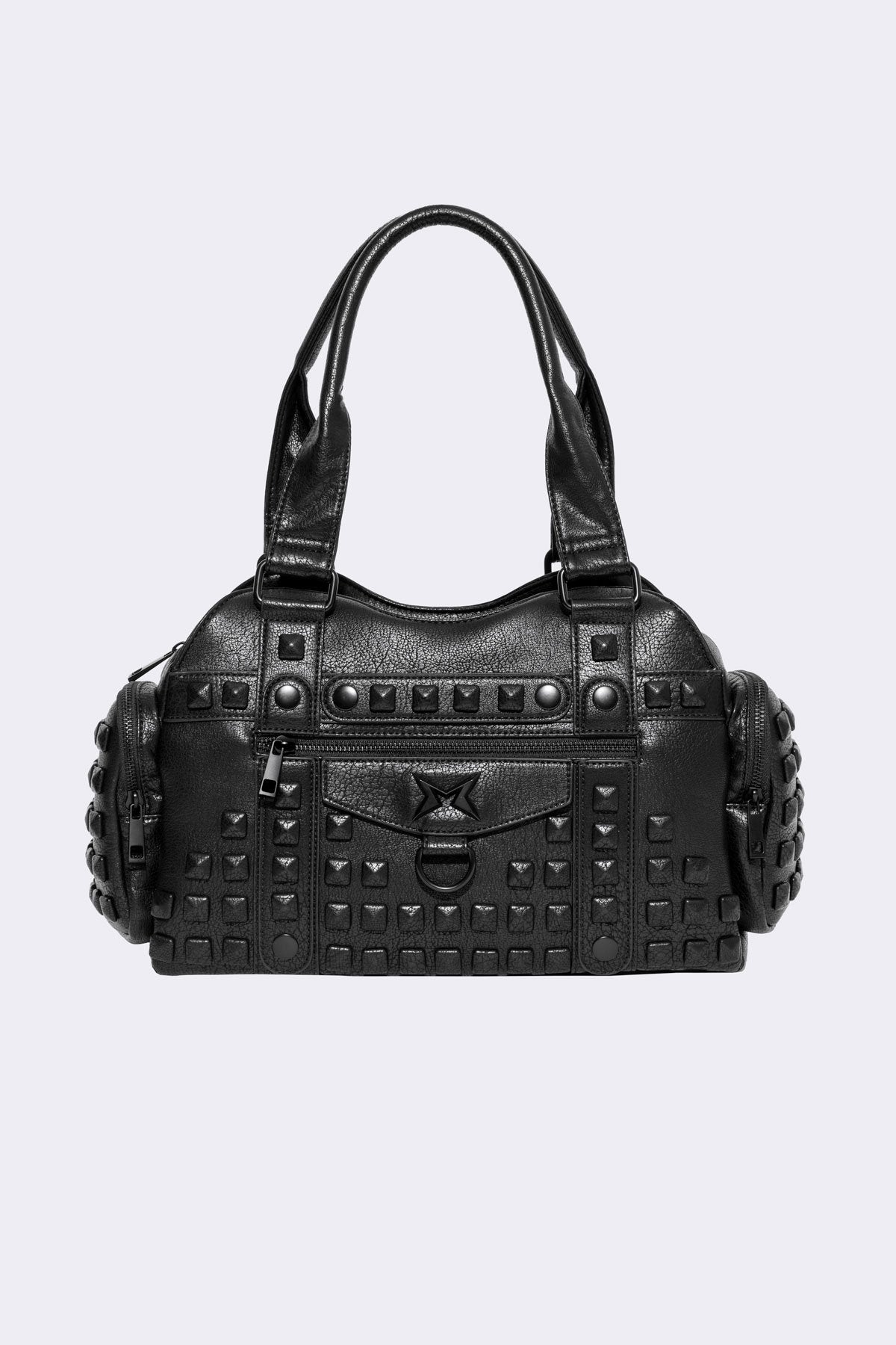 Black faux leather shoulder bag with pyramid studs, front zip pocket, side pockets and two top handles.
