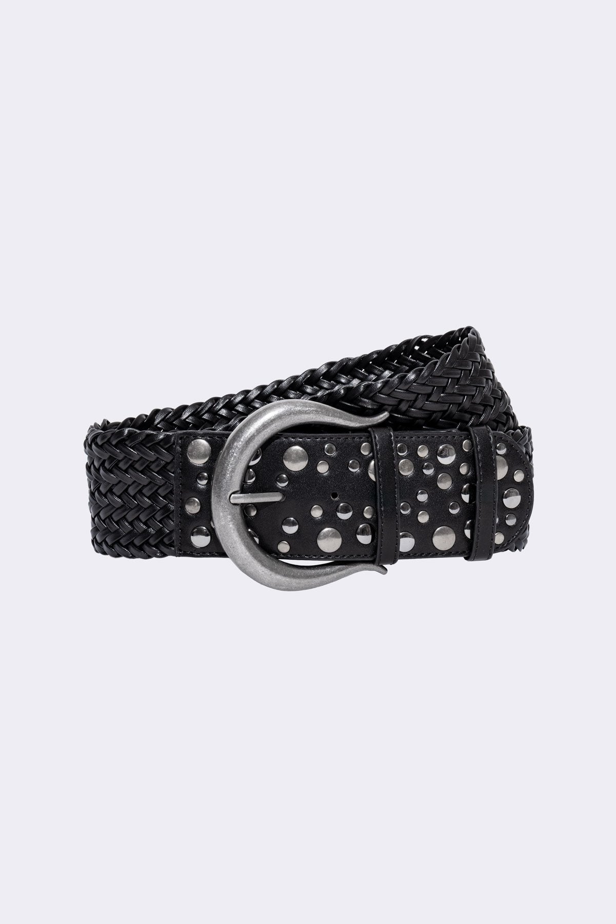 Black braided vegan leather belt with studded detail and antique silver buckle fastening.