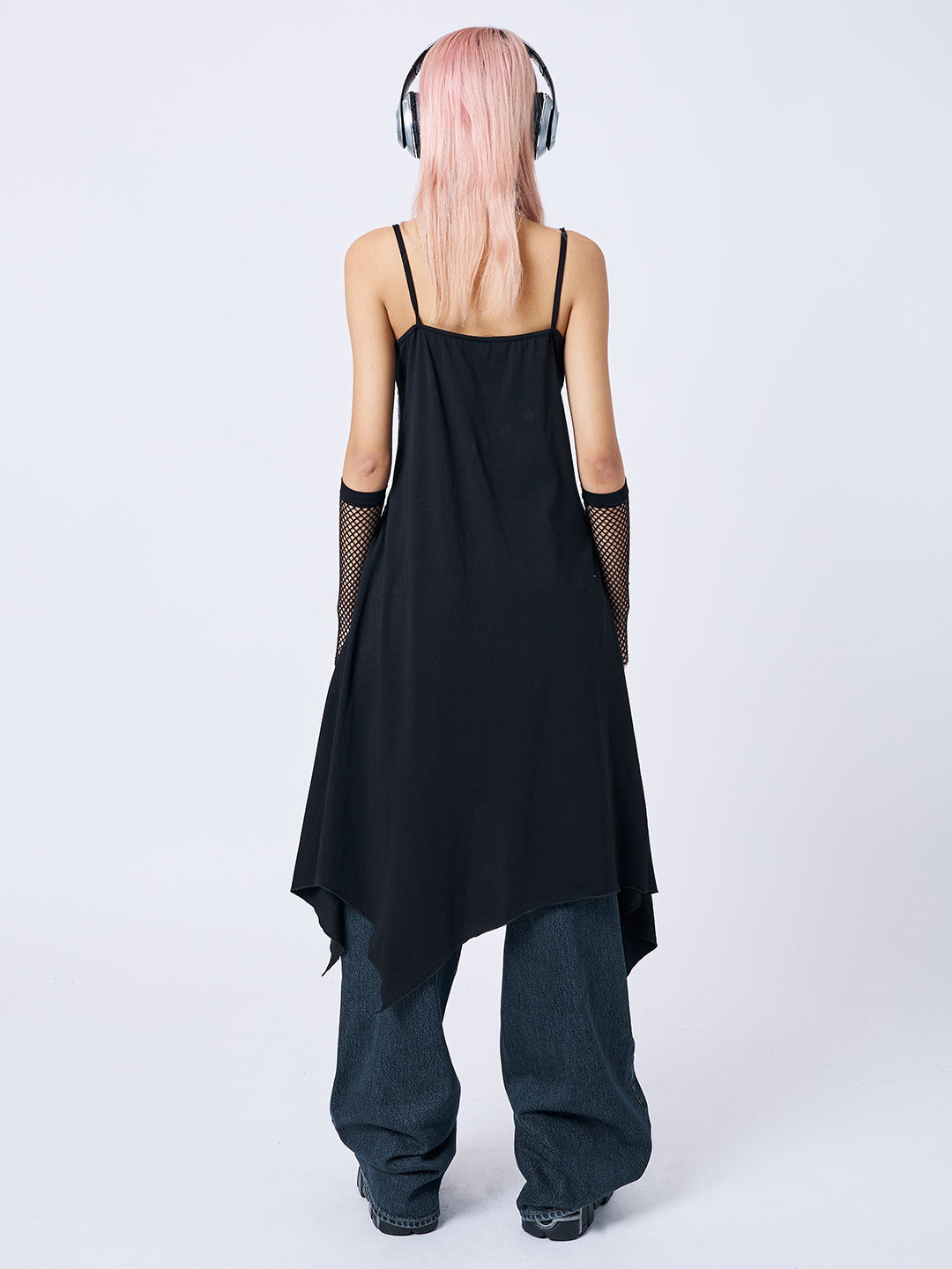 Black and Grey Asymmetrical Cami Midi Dress with Y2K Print - Back View