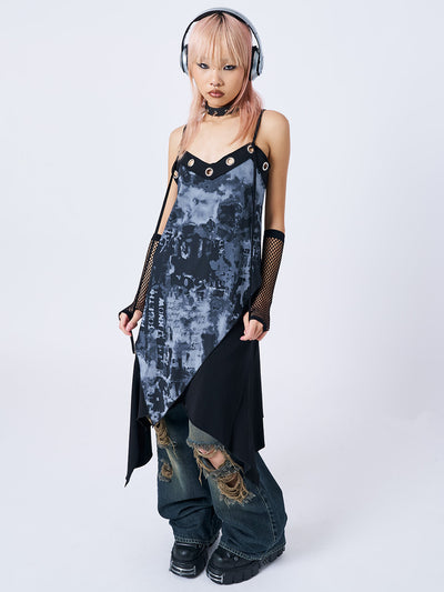 Black and Grey Asymmetrical Cami Midi Dress with Y2K Print - Front View