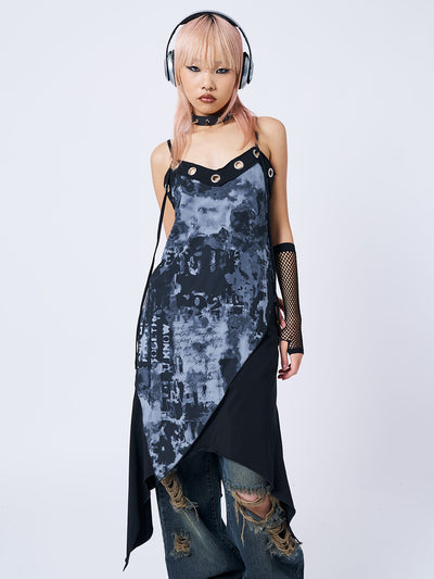 Black and Grey Asymmetrical Cami Midi Dress with Y2K Print - Front View