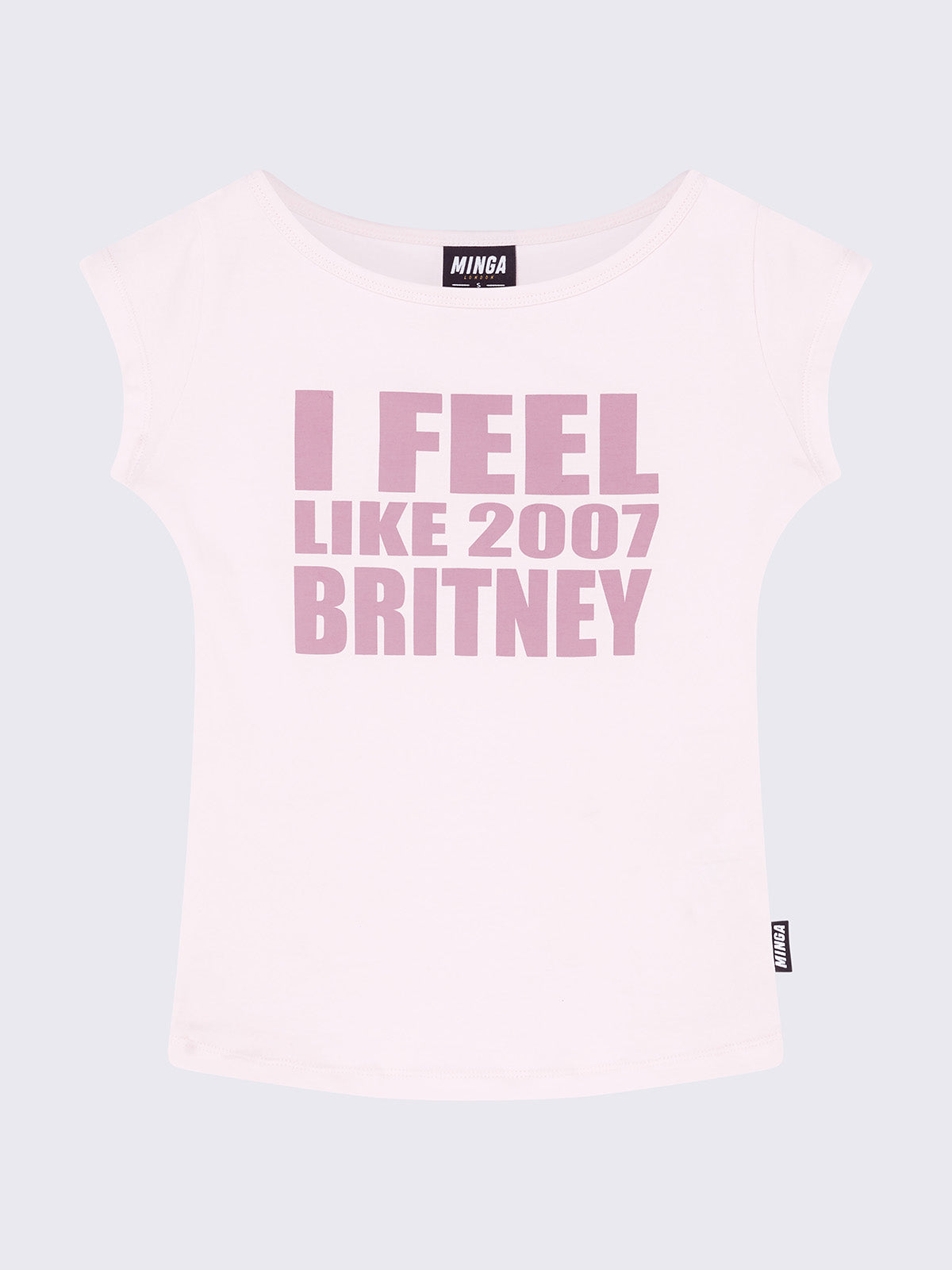 Cap sleeve tee in baby pink with slogan "I feel like 2007 Britney"