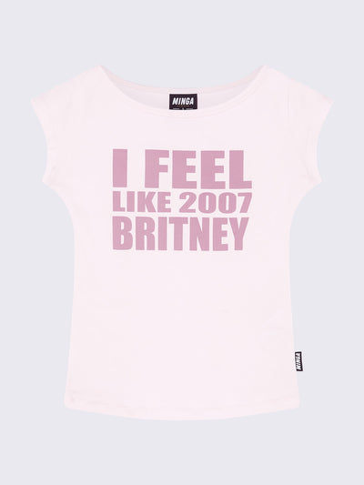 Cap sleeve tee in baby pink with slogan "I feel like 2007 Britney"