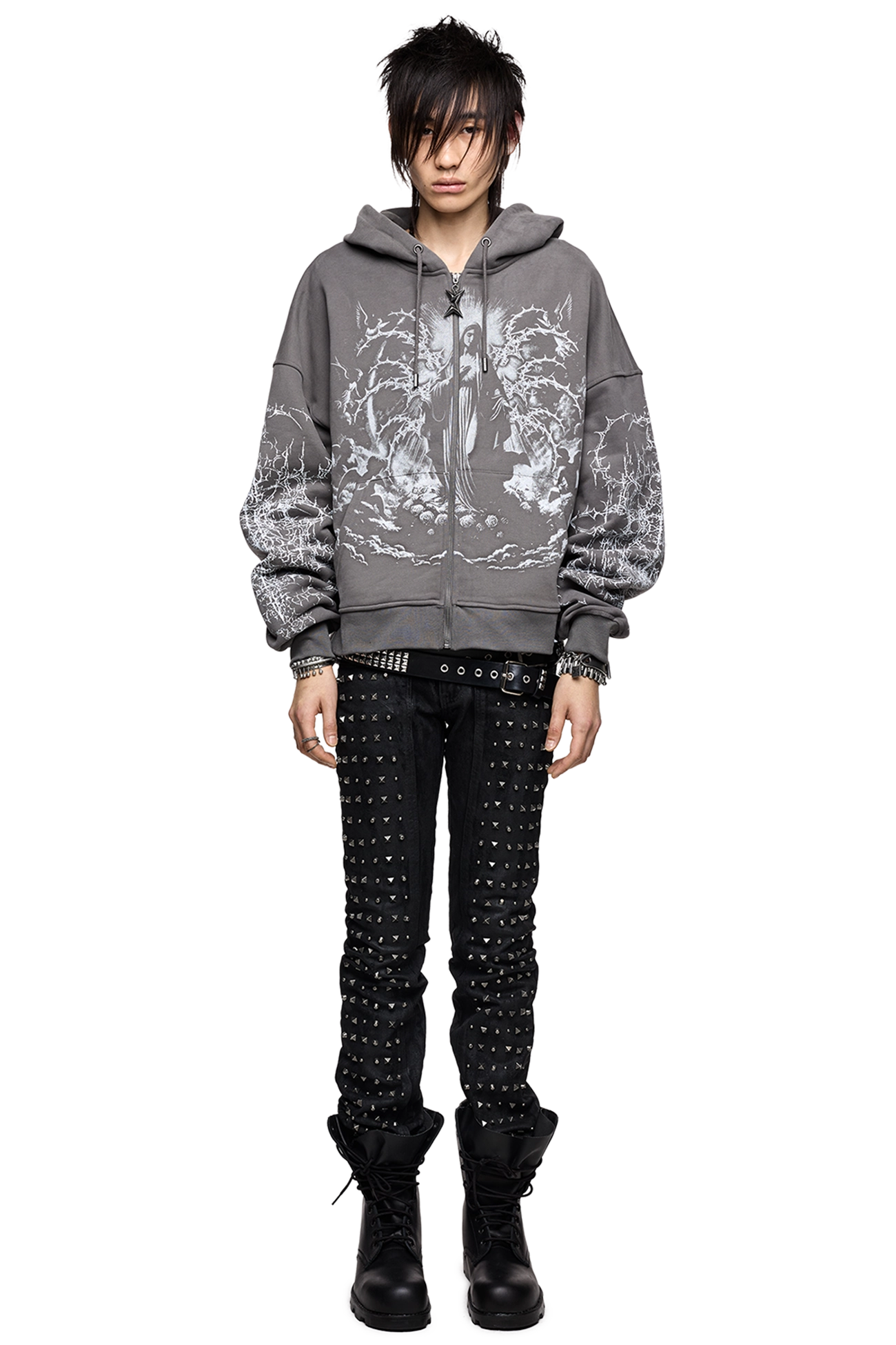 Gray cotton zip up hoodie with sacred figure and thorn prints, oversized grunge fit.
