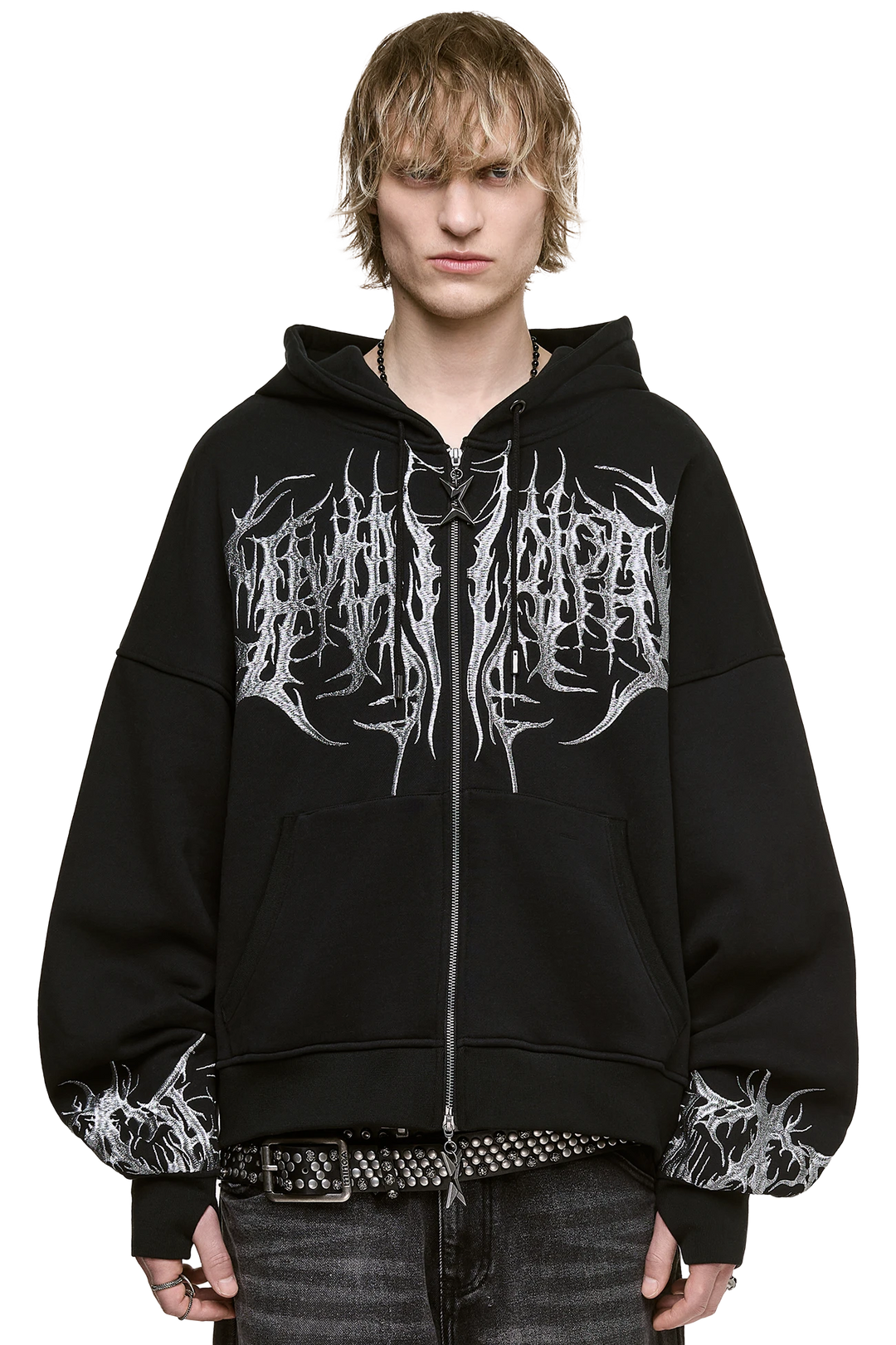 Black Zip-Up Hoodie with Sigilism Embroidery | Minga London