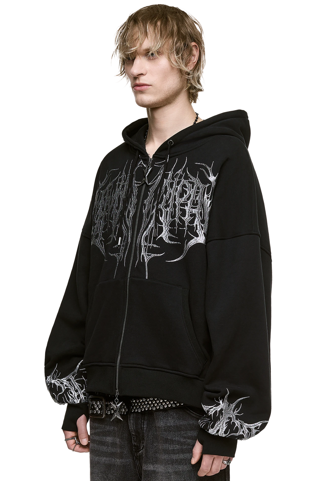 Black Zip-Up Hoodie with Sigilism Embroidery | Minga London