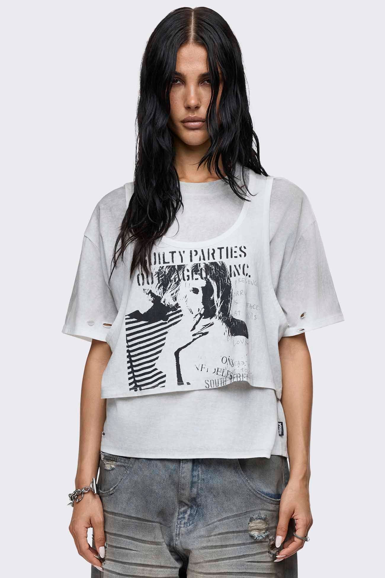 Off-white layered graphic crop T-shirt with dirt wash, distressed holes, short sleeves and relaxed fit.
