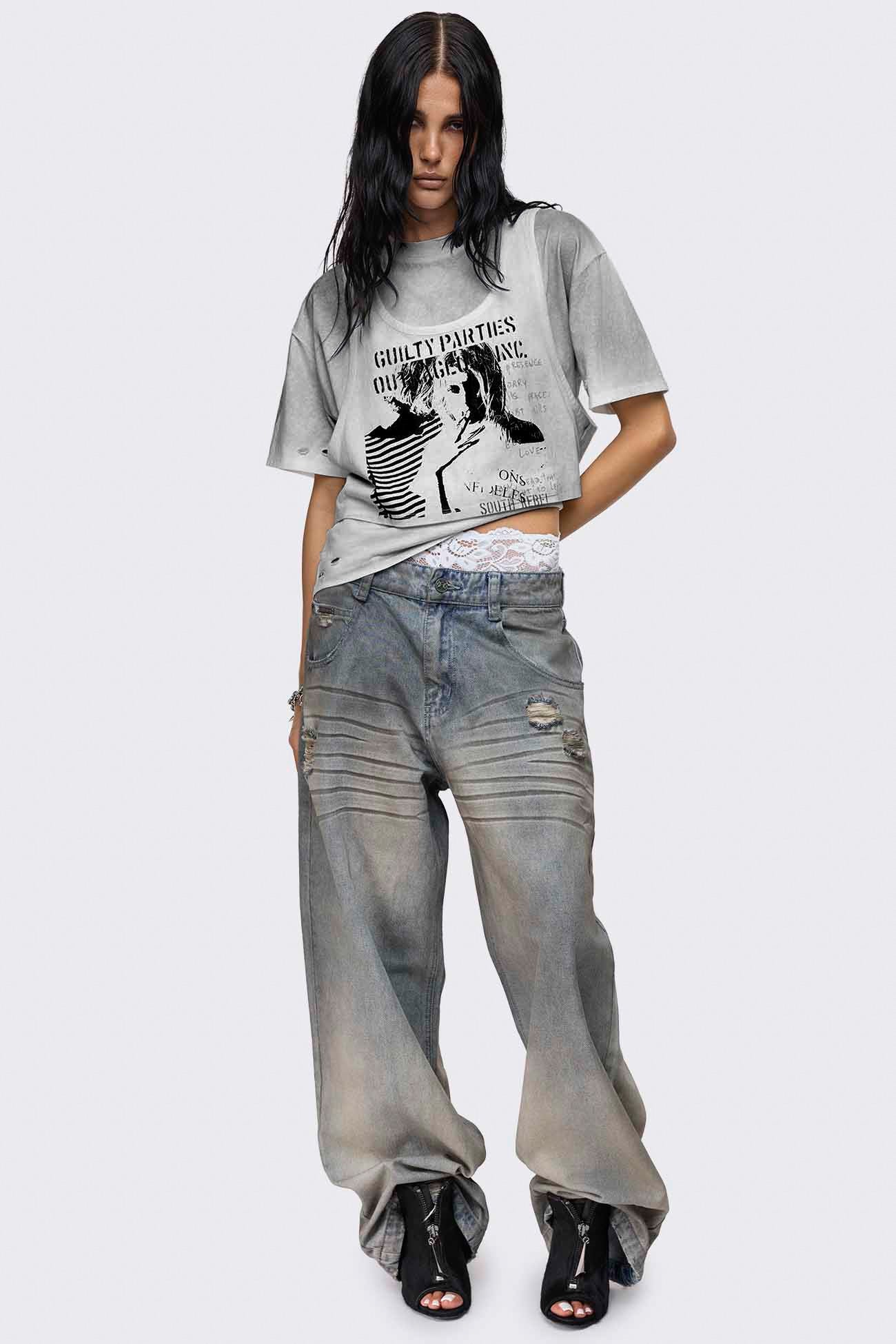 Off-white layered graphic crop T-shirt with dirt wash, distressed holes, short sleeves and relaxed fit.