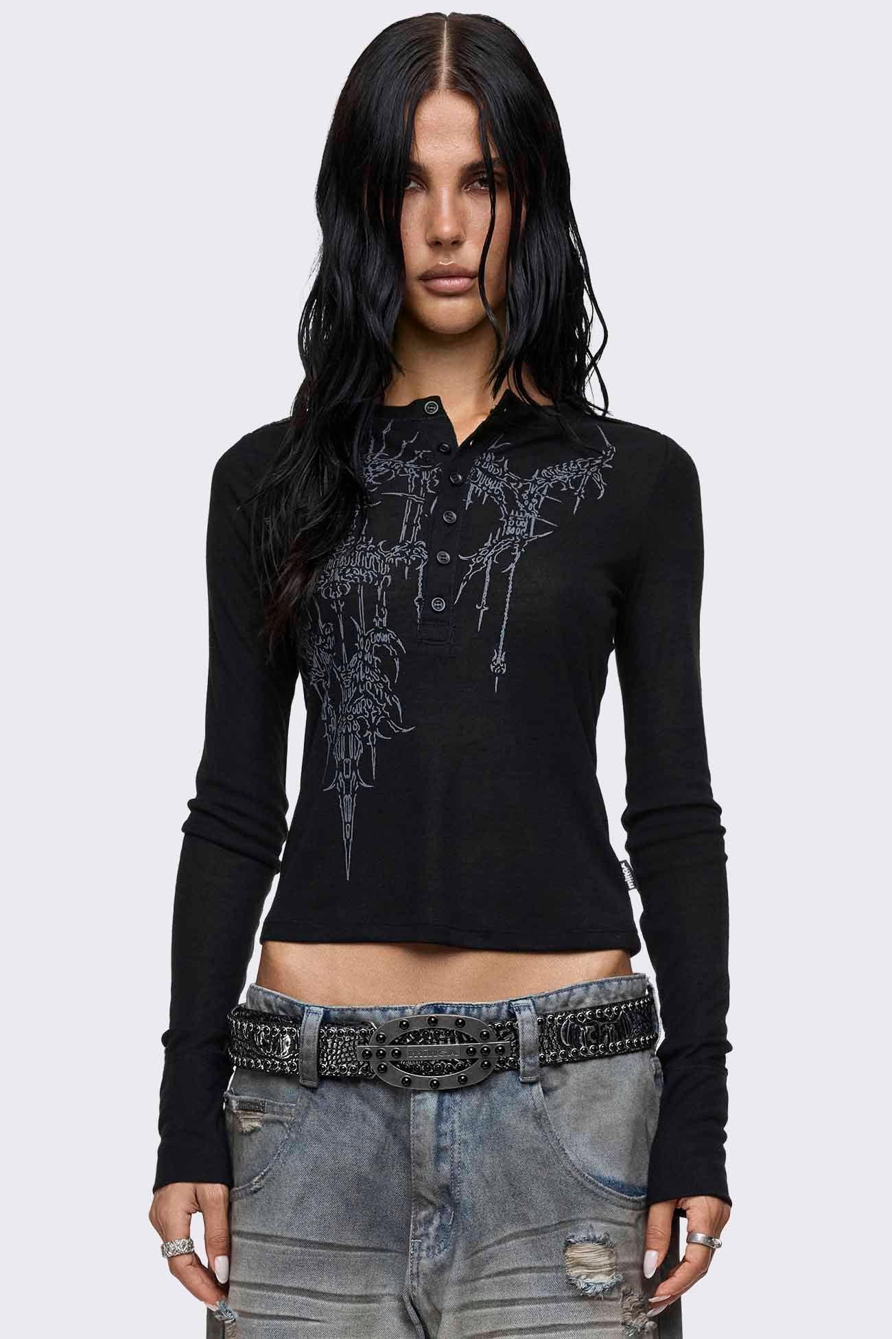 Black cropped henley top with sigilism graphic print, button placket, long sleeves and slim fit.