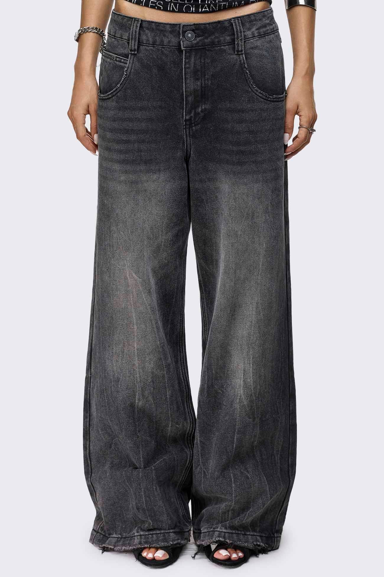 Grey washed baggy jeans with distressed details, raw frayed hem, wide leg fit and embroidered back pocket detail.