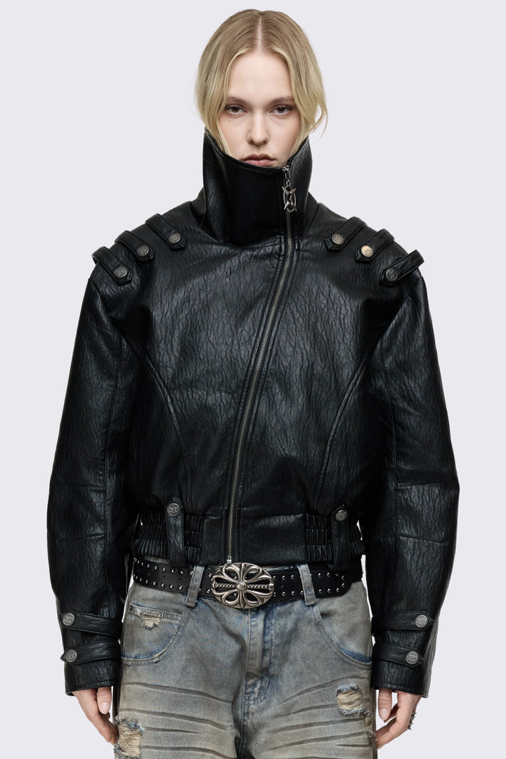 Black Faux Leather Military Bomber Jacket | Minga London