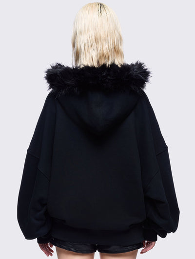 Black zip up hoodie jacket with faux fur hood and emoji heart front print in white.