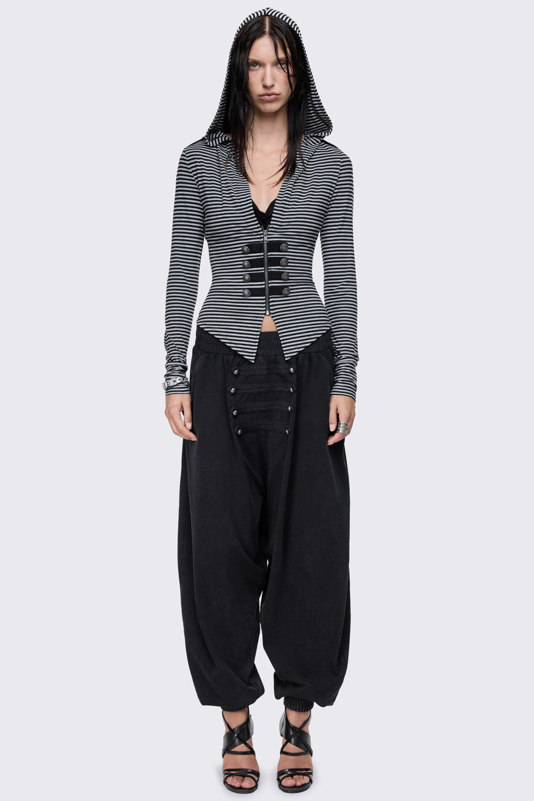 Black Grey Striped Hooded Zip Up Top | Minga London