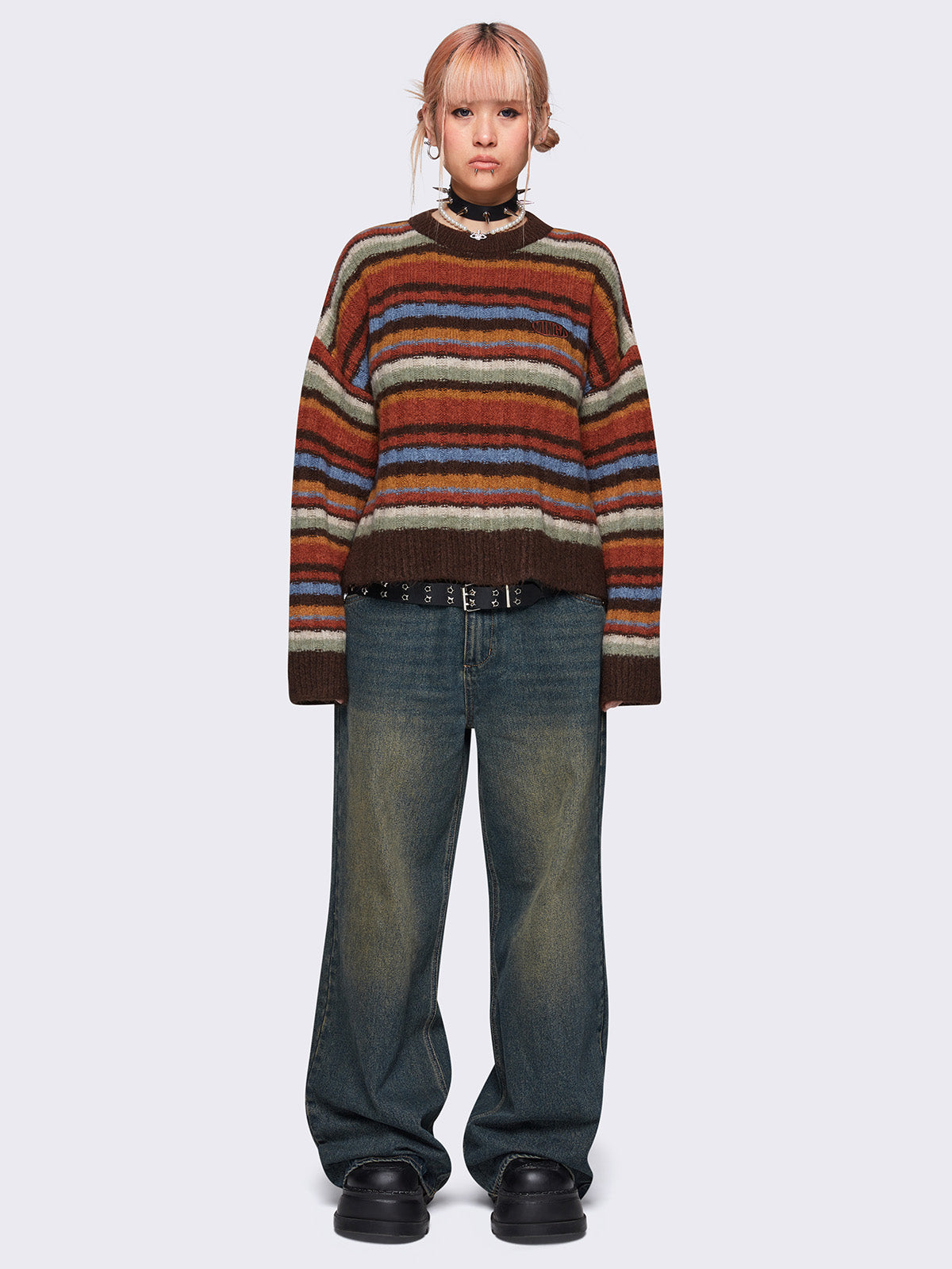 Striped knit sweater in multicolor vintage grandpa style, cozy and retro-inspired fashion by Minga London