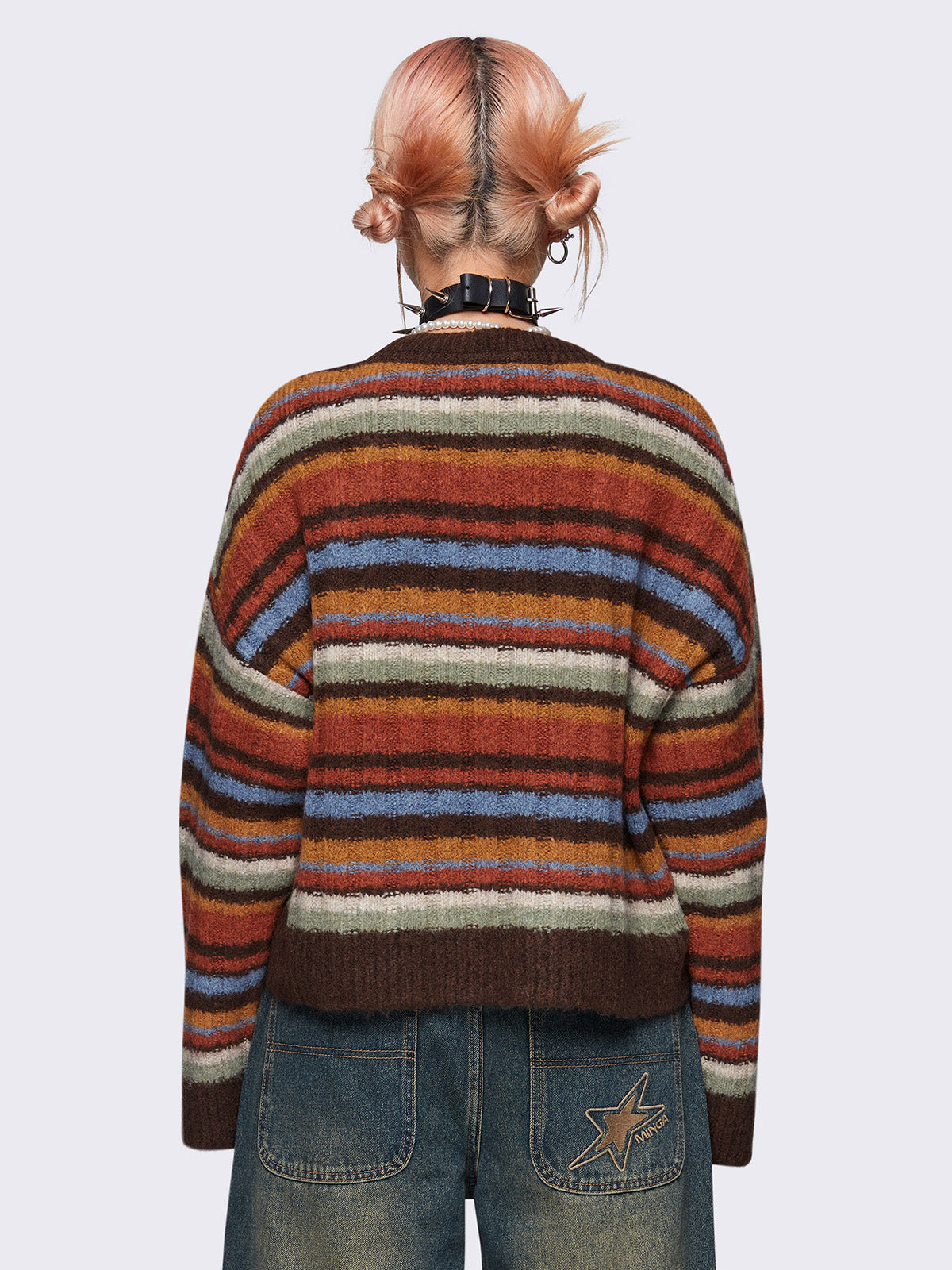 Striped knit sweater in multicolor vintage grandpa style, cozy and retro-inspired fashion by Minga London