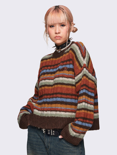 Striped knit sweater in multicolor vintage grandpa style, cozy and retro-inspired fashion by Minga London