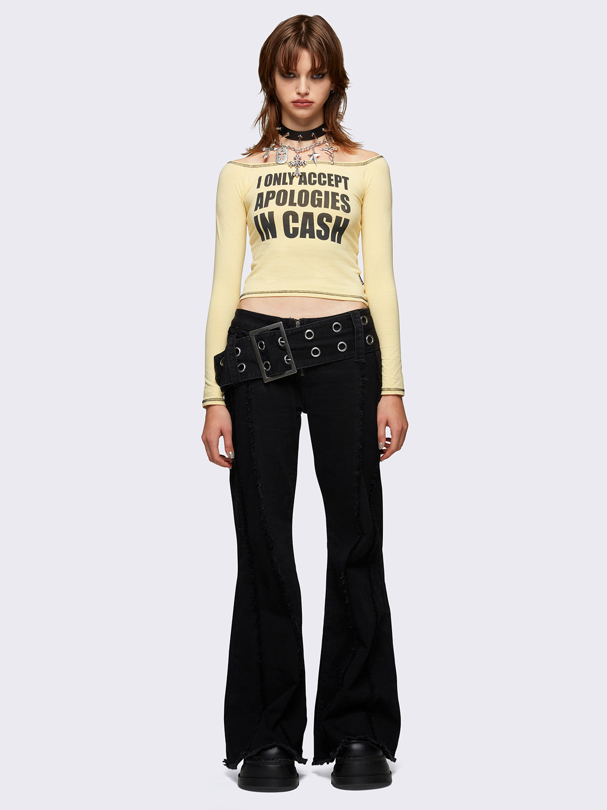 Yellow Off Shoulder Slogan Graphic Long Sleeve Top