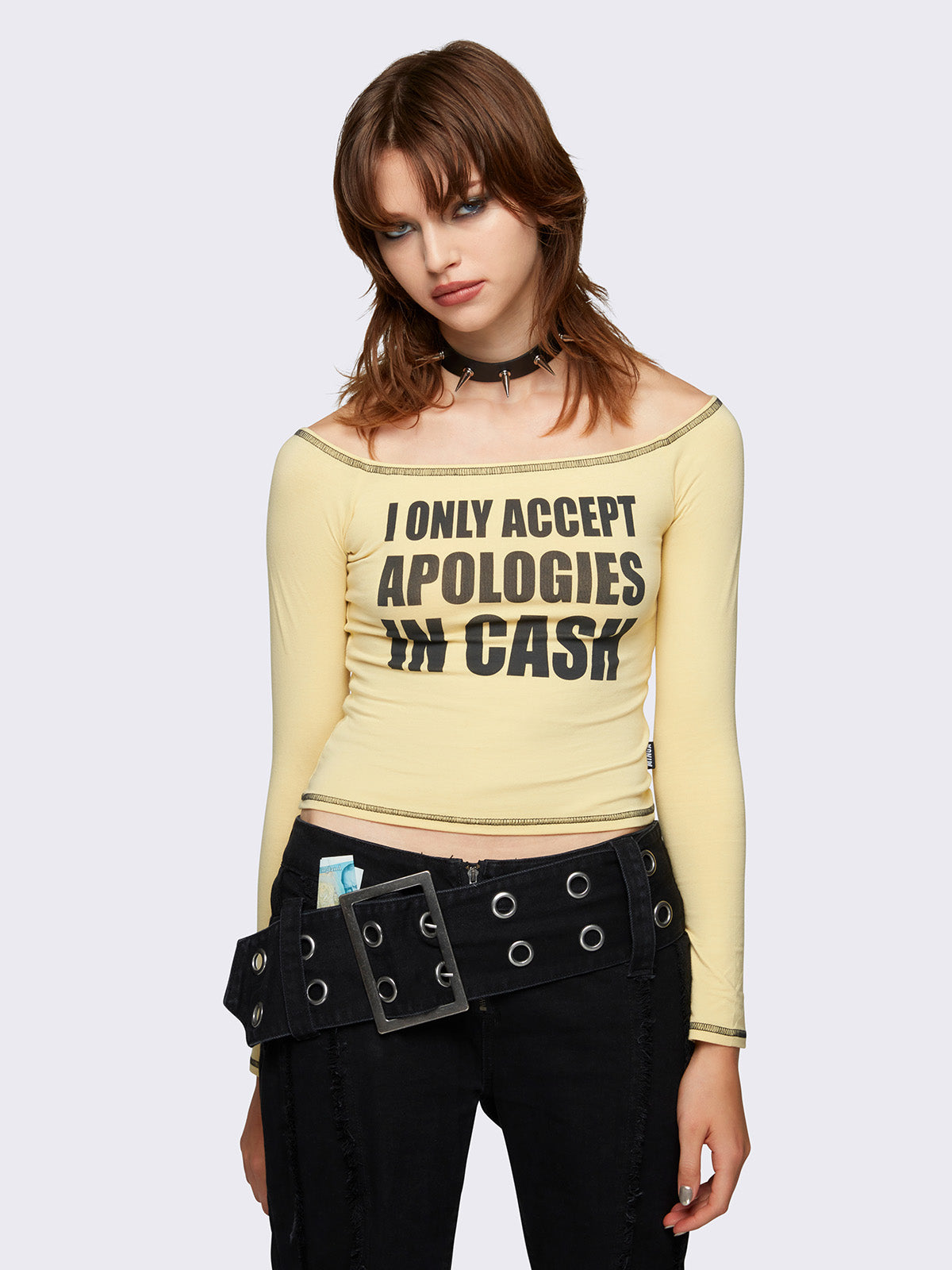 Yellow Off Shoulder Slogan Graphic Long Sleeve Top