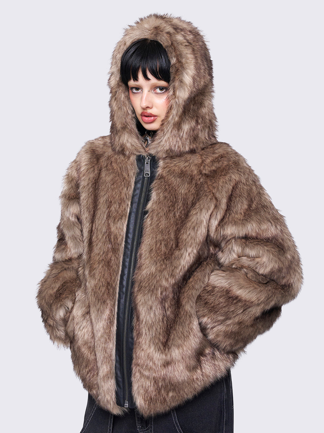 Brown Faux Fur Hooded Jacket - Oversize Fit Outerwear | Minga London –  Minga London EU