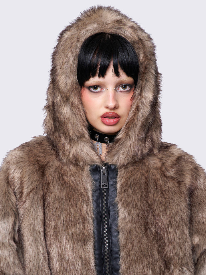 Brown Faux Fur Hooded Jacket - Oversize Fit Outerwear | Minga London –  Minga London EU