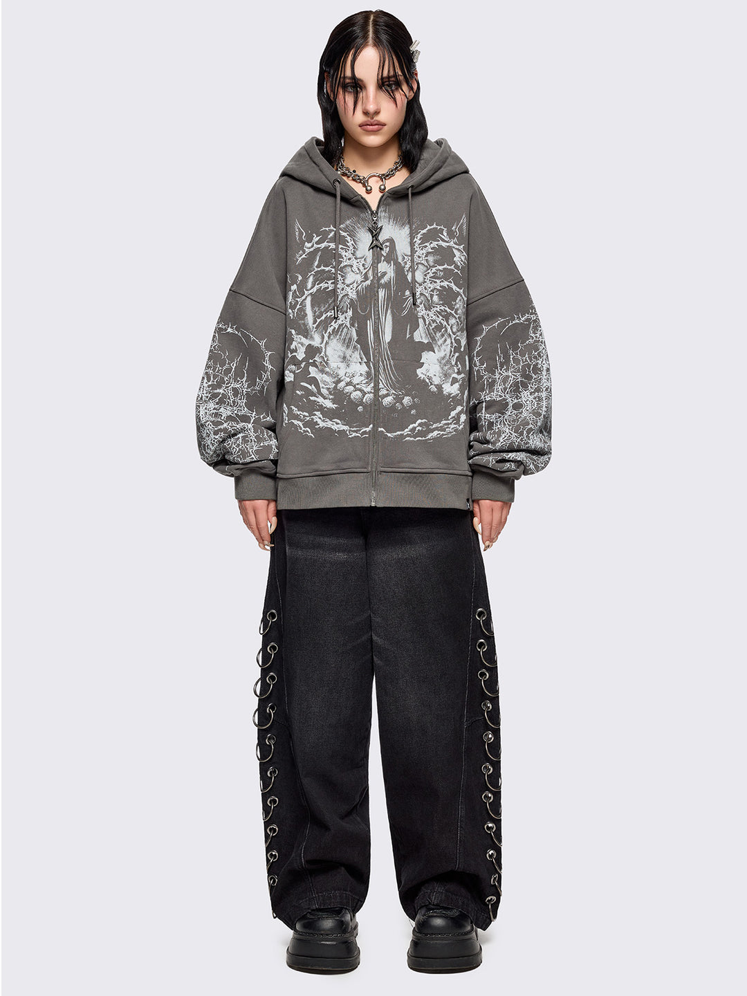 Grey Zip-Up Hoodie with Sacred Saint Graphic & Thorn Print