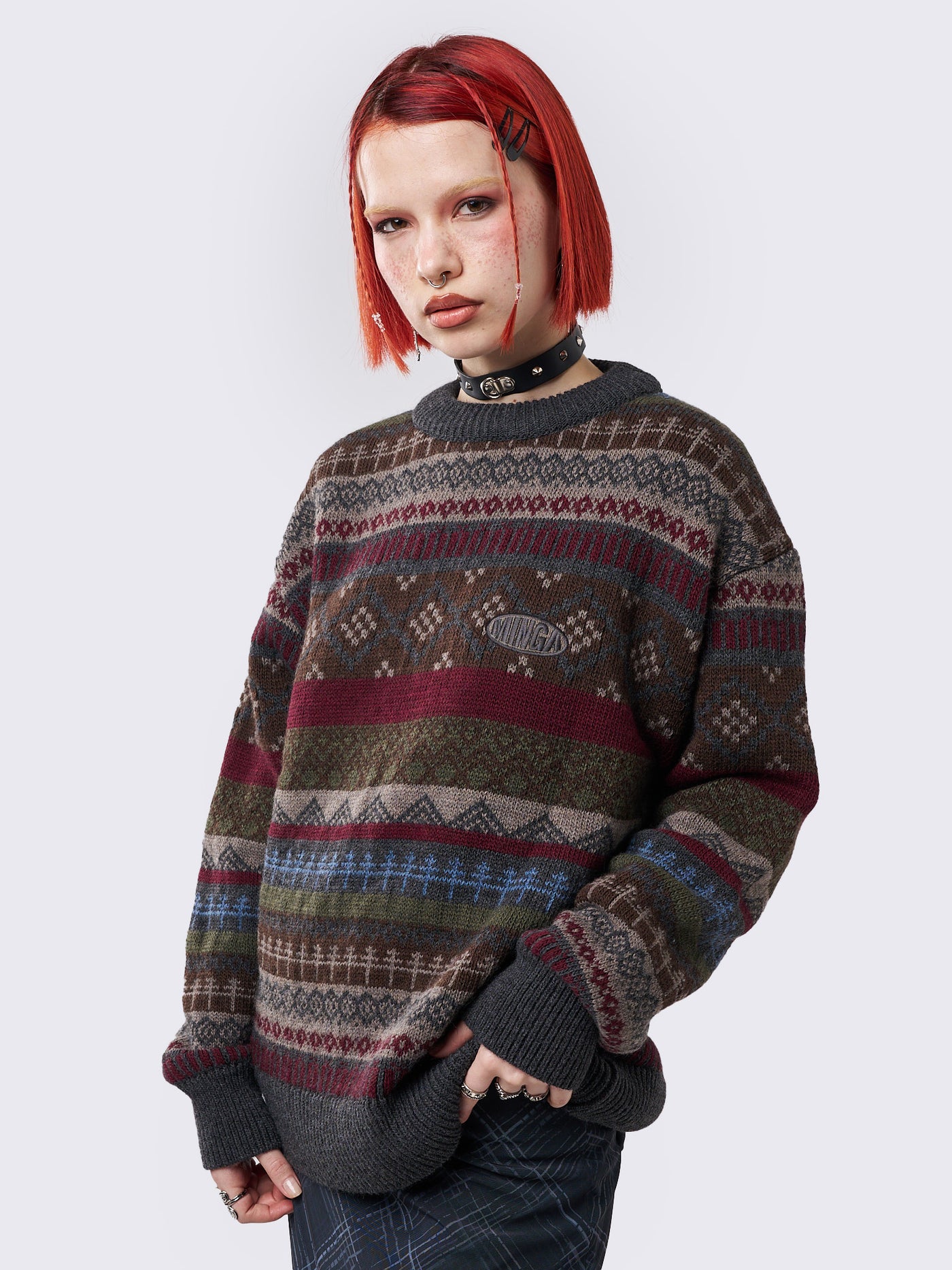 Oversized Jacquard Knit Sweater in Multicolored Geometric Stripes ...