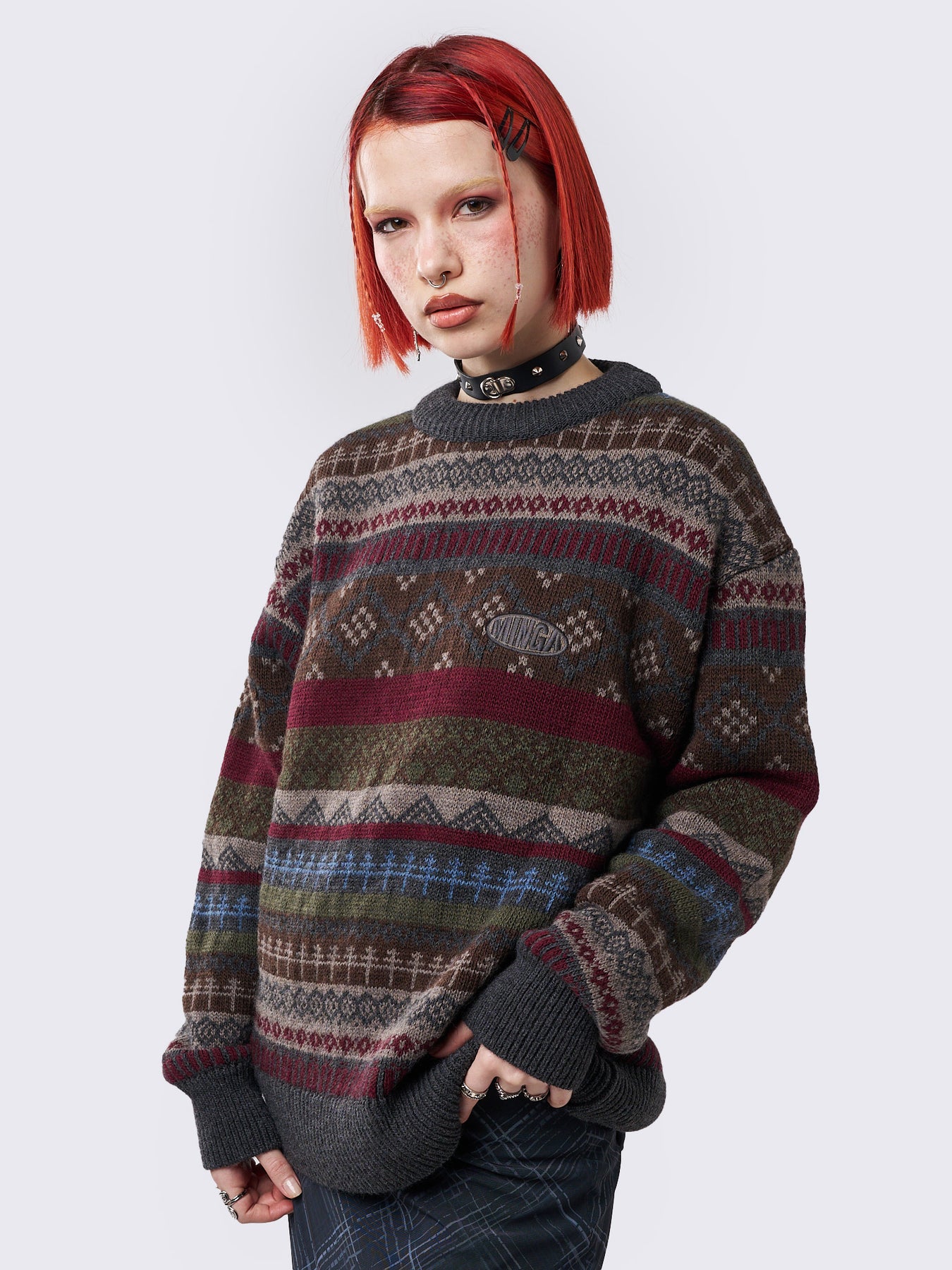 Oversized Jacquard Knit Sweater in Multicolored Geometric Stripes
