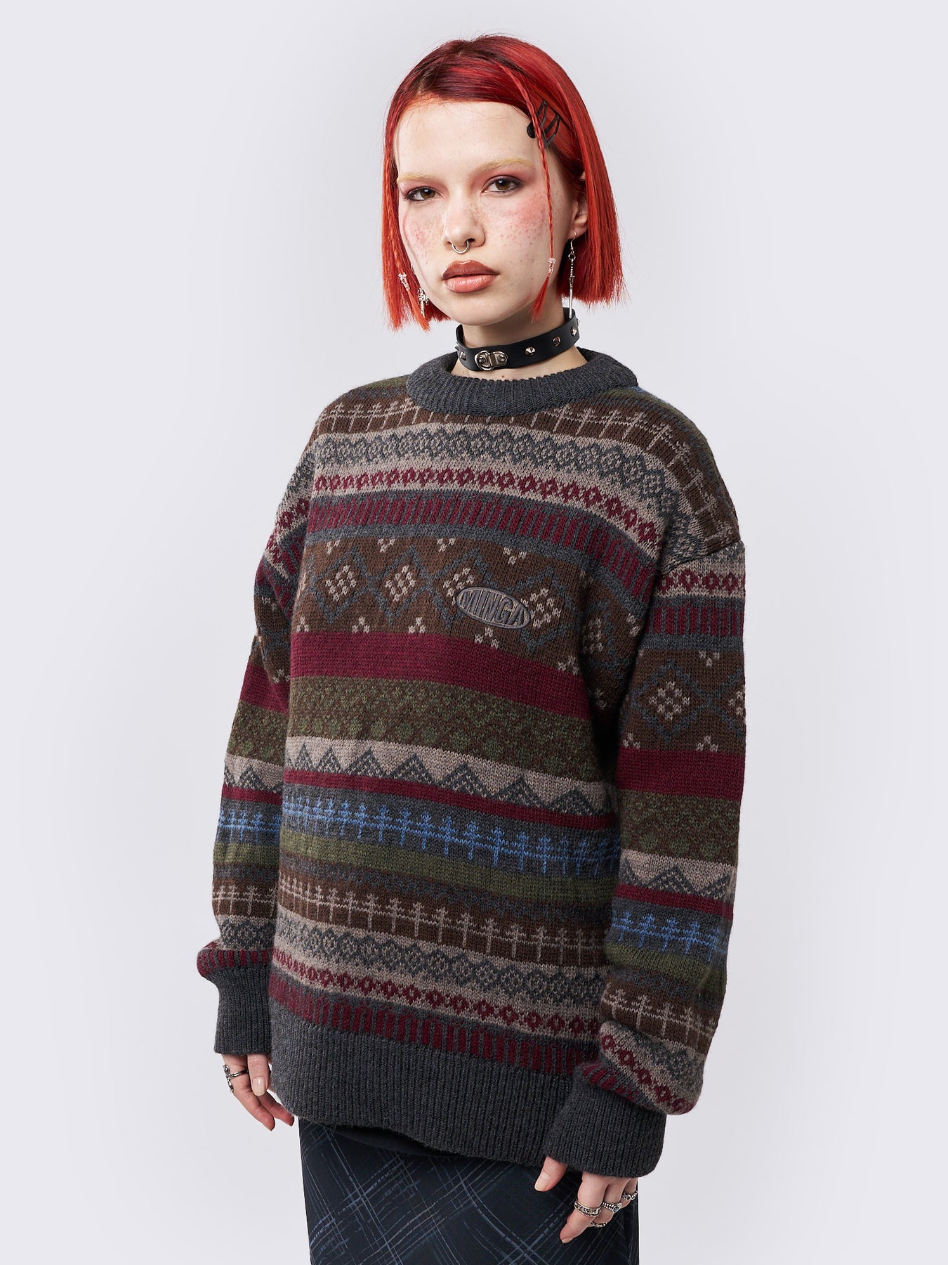 Oversized Jacquard Knit Sweater in Multicolored Geometric Stripes ...