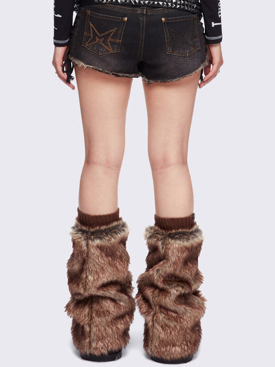 Brown faux fur flared leg warmers with pom pom drawstring.