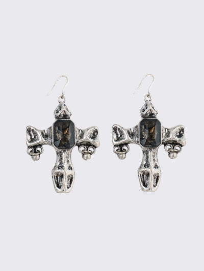 Silver dangle earrings with cross pendants featuring black stone details.