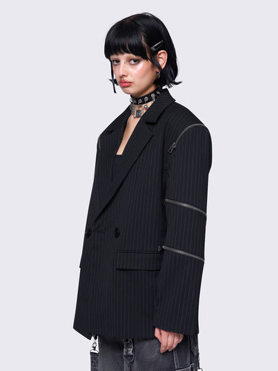 Blazer in black pinstripes with zipper details