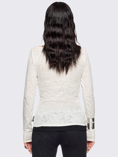 White semi-sheer long sleeve top with a sacred figure graphic front print and mesh contrast.
