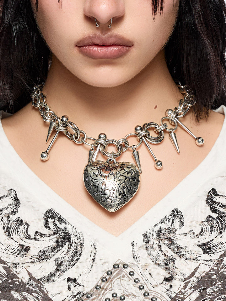 Chunky Spiked Necklace with 3D Heart in Silver | Minga