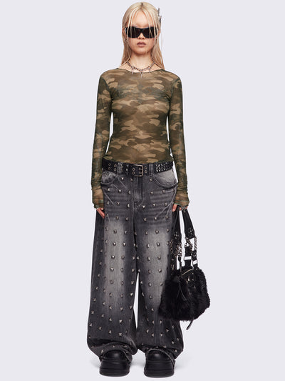 Camo printed mesh top with winged cross and rhinestone details.