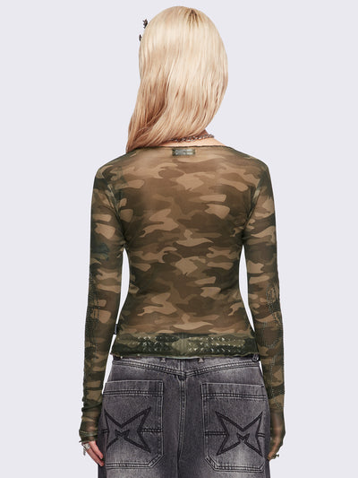 Camo printed mesh top with winged cross and rhinestone details.