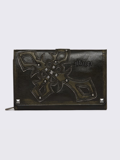Black washed faux leather wallet featuring a cross patch and stud details.