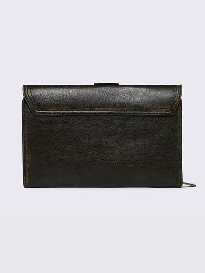 Black washed faux leather wallet featuring a cross patch and stud details.
