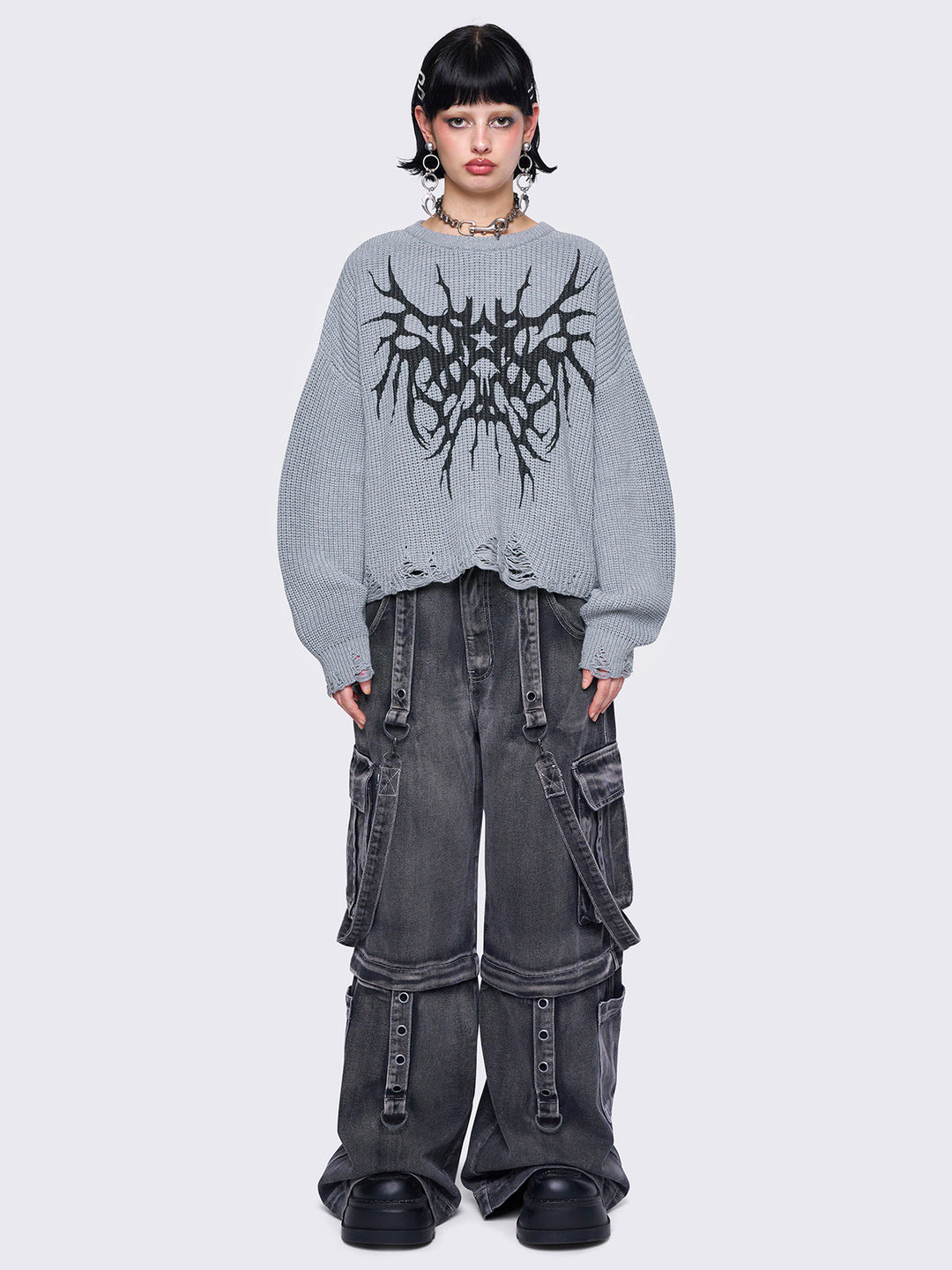 Y2K Grunge Print Grey Distressed Knit Sweater | Minga London