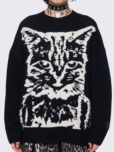 Black Oversized Cat Graphic Sweater