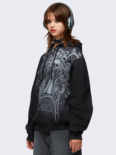 Oversized zip up hoodie in black with winged skull graphic print