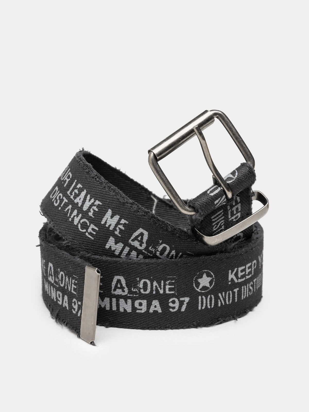 Black canvas belt by Minga London with "Do Not Disturb" text. Trendy and adjustable accessory for a fashionable touch to any outfit.