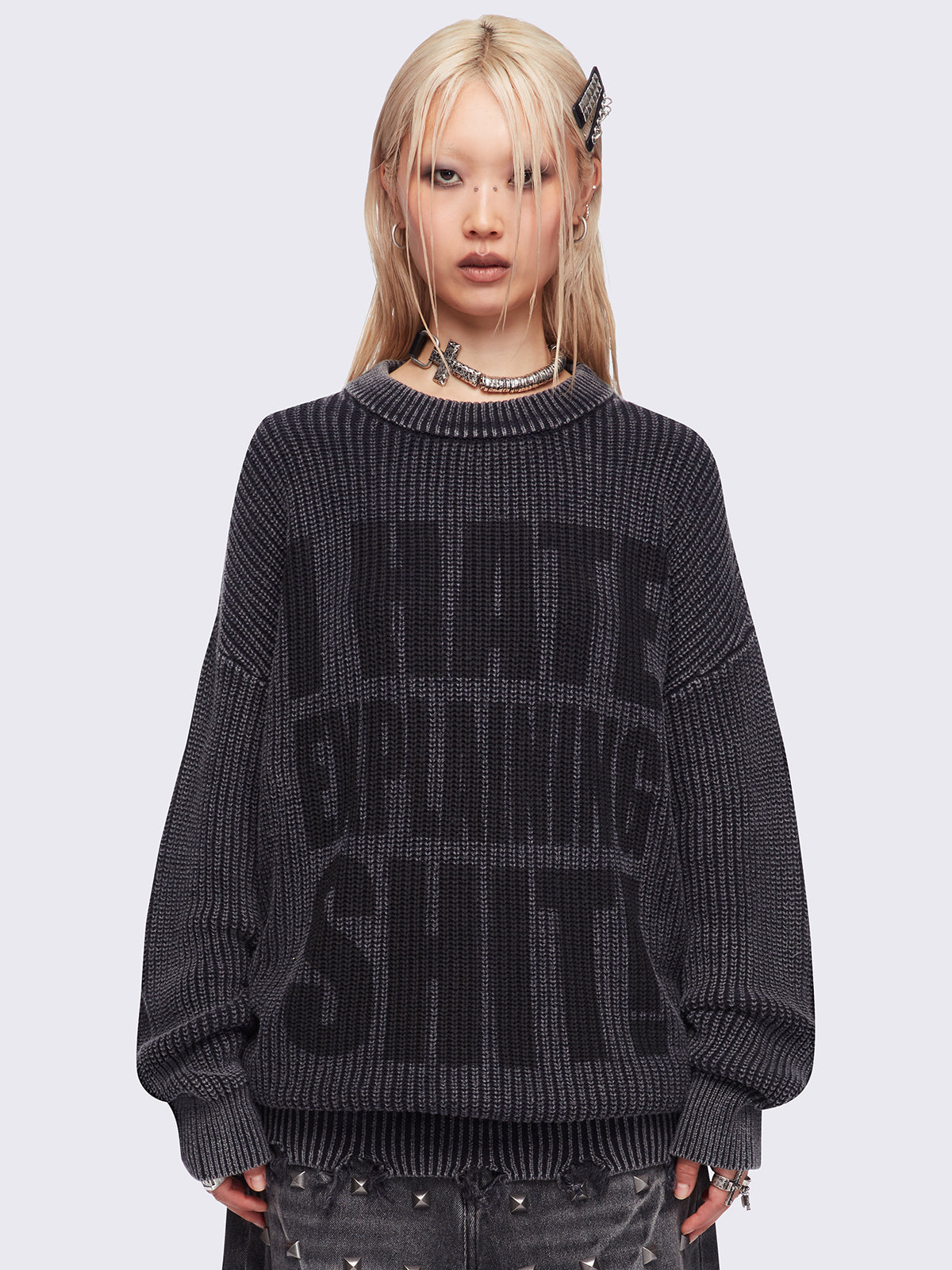Grey washed knit jumper featuring a "I hate explaining shit!" front print and distressed details.