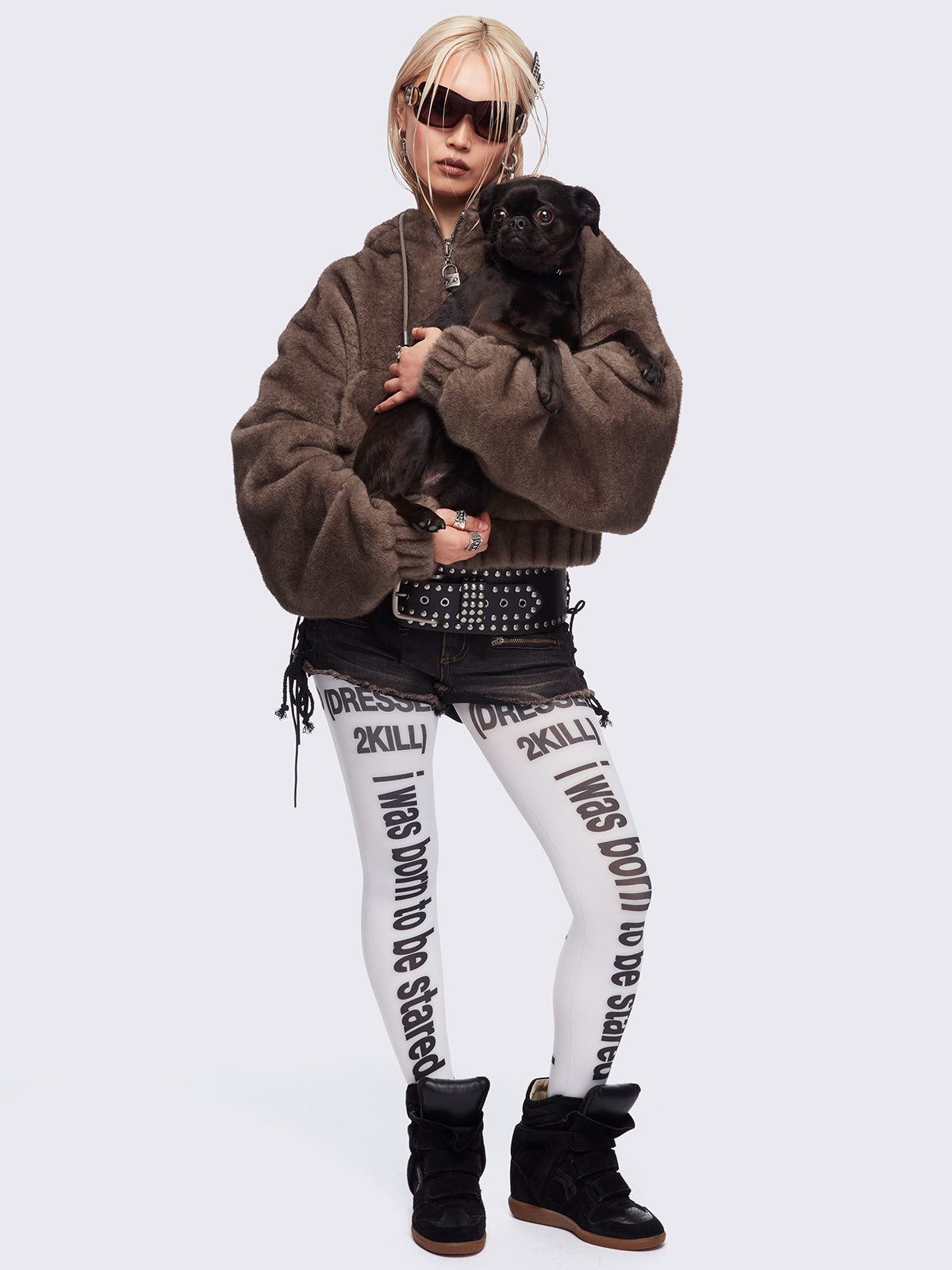 White opaque tights featuring slogan graphic prints.